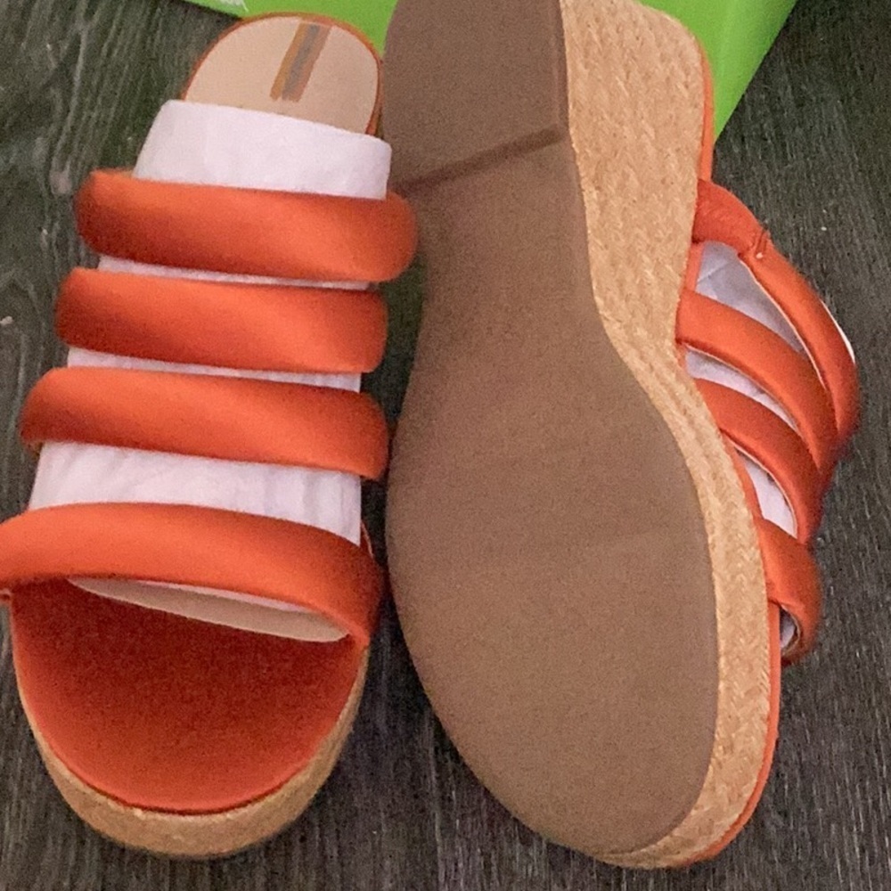 NIB Sam Edelman Size 8 Yuki Platform Wedge‎ Orange Satin Sandals - Picture 3 of 5